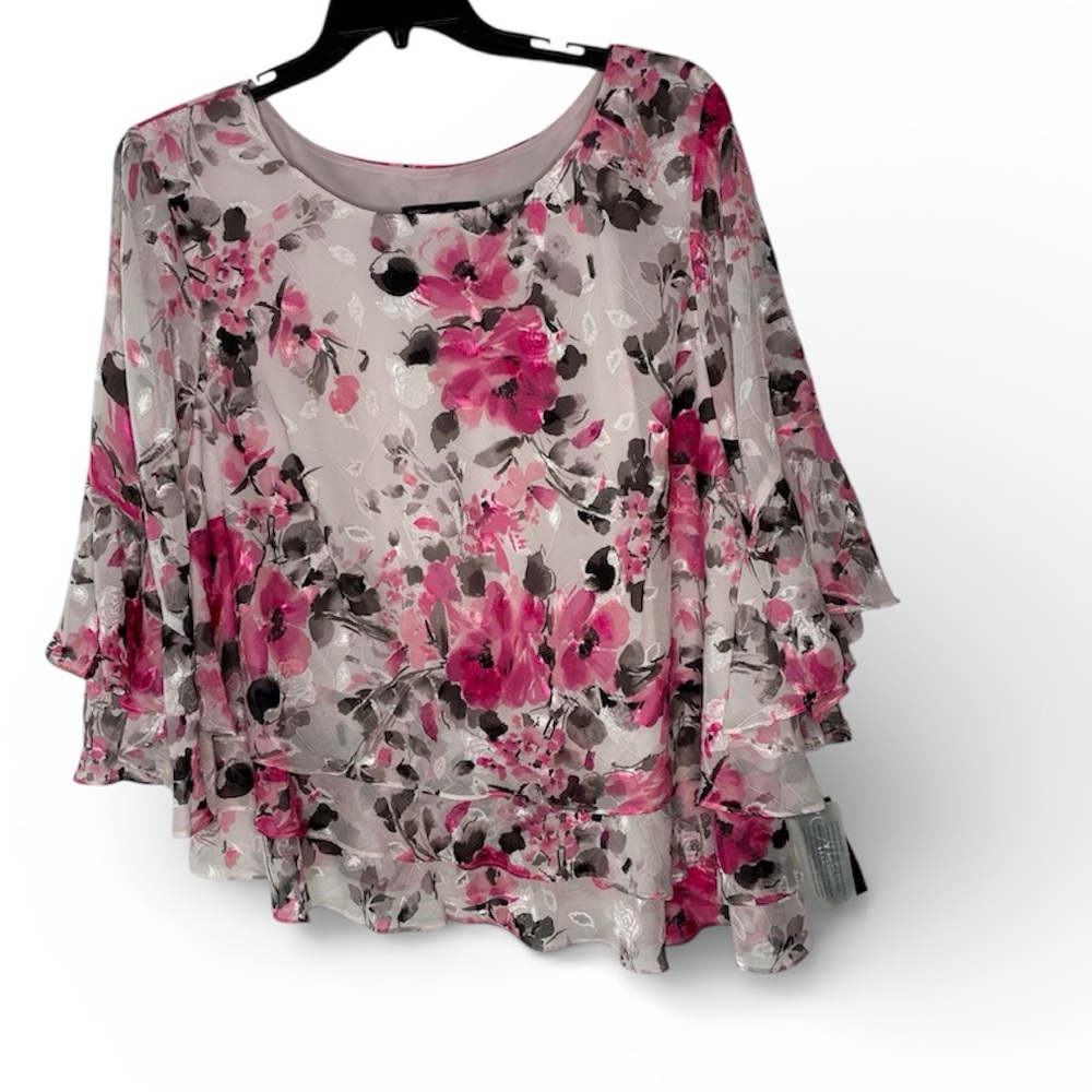 Alex Evenings Asymmetrical Triple Tier Floral Chiffon Burnout Blouse Size 3X NWT